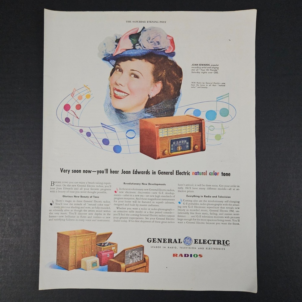 1945 GE General Electric Natural Color Tone Radios Vintage Print Ad Joan Edwards